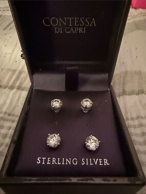 Contessa di Capri Sterling Silver Clear CZ Stud Earrings - Set of Two Pairs